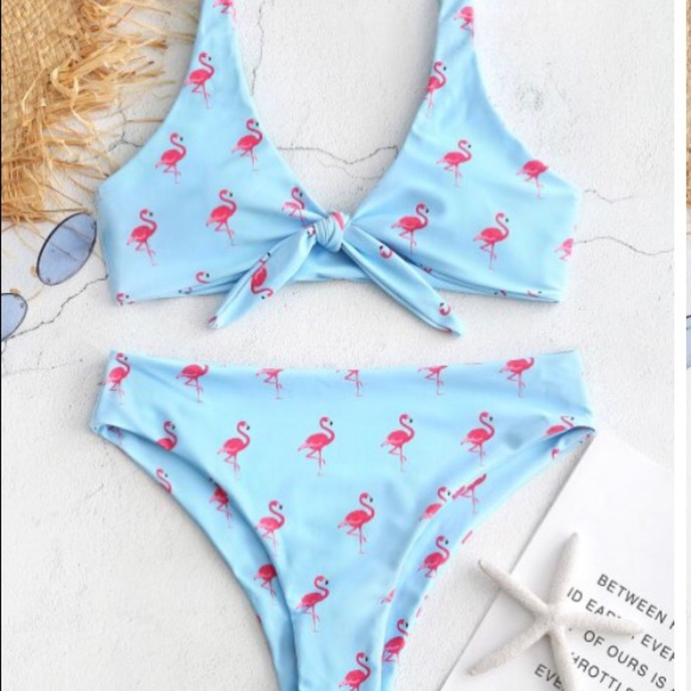 ZAFUL Flamingo print Knot top High cut Bikini